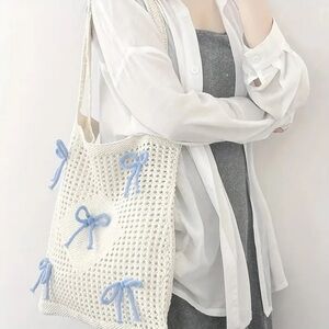 Elegant Cream Tote Bag with Pink and Blue Accents bow gift trendy